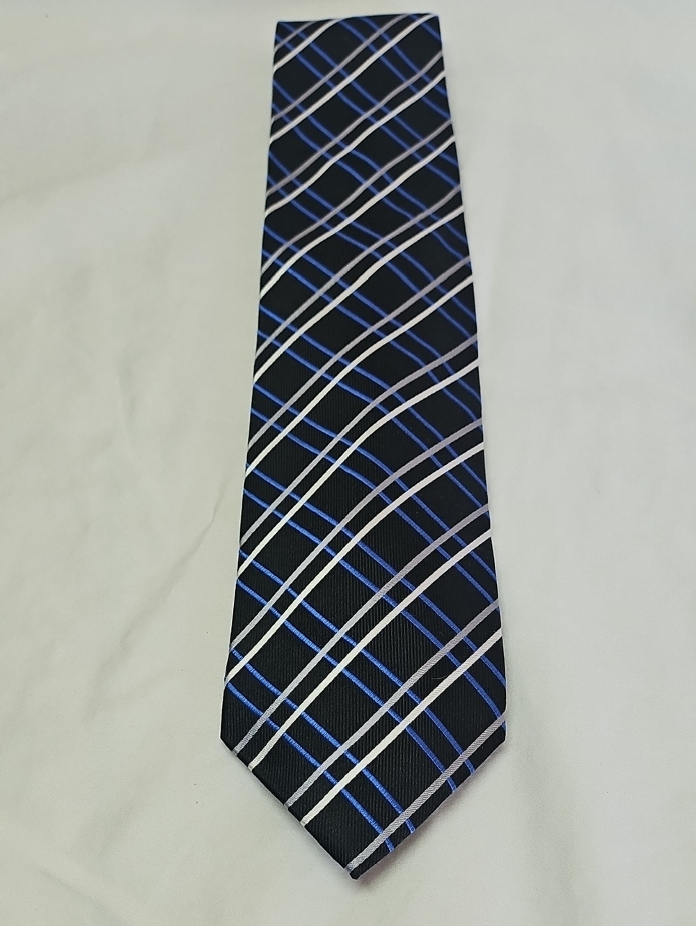 Chaps Classic Black Plaid Men's Tie with Blue and White Stripe